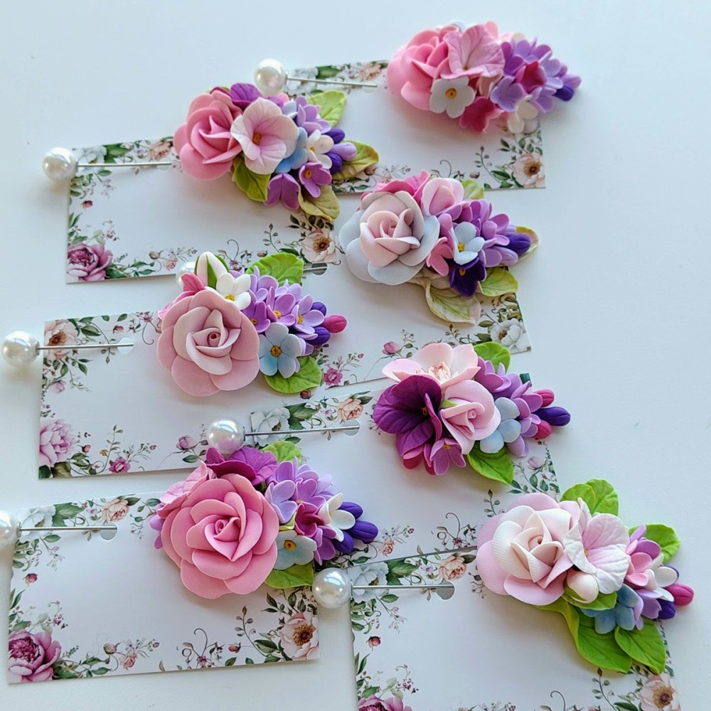 Brosa cu ac si perla - Buchet de flori in degradeuri pastelate - modele unicat