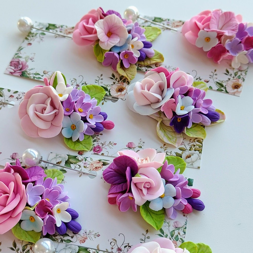 Brosa cu ac si perla - Buchet de flori in degradeuri pastelate - modele unicat