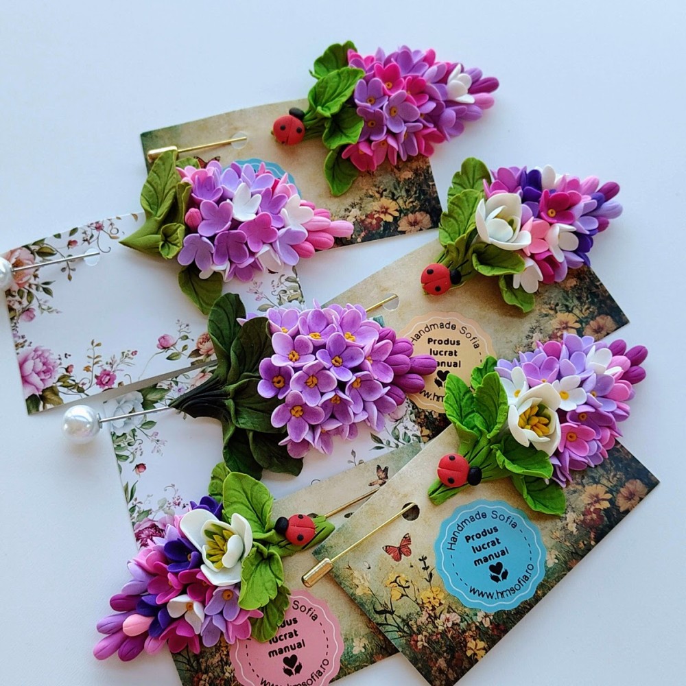 Brosa mare liliac cu ghiocel 11 x 5 cm