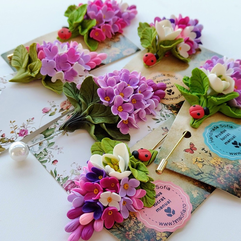 Brosa mare liliac cu ghiocel 11 x 5 cm