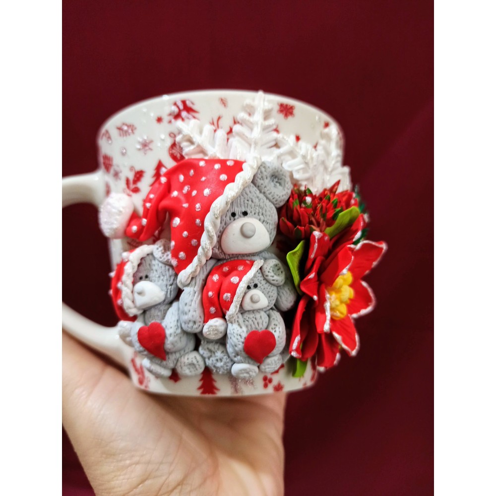 Cană personalizată handmade 3D de Crăciun în formă de ursuleți și decorațiuni Crăciun