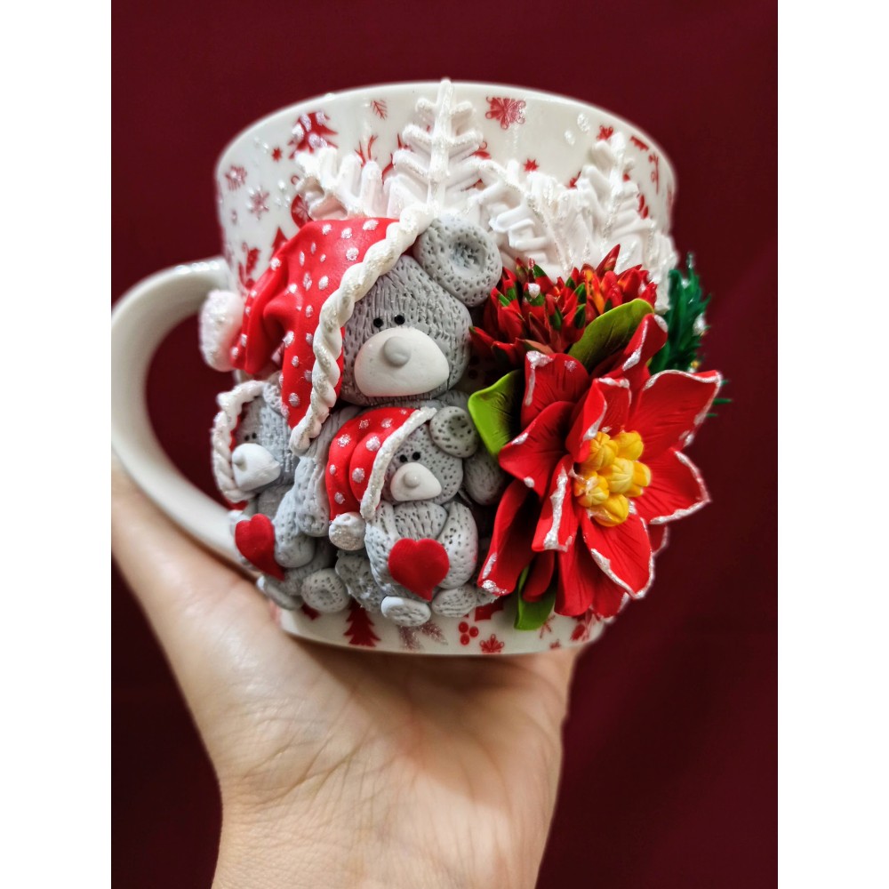 Cană personalizată handmade 3D de Crăciun în formă de ursuleți și decorațiuni Crăciun