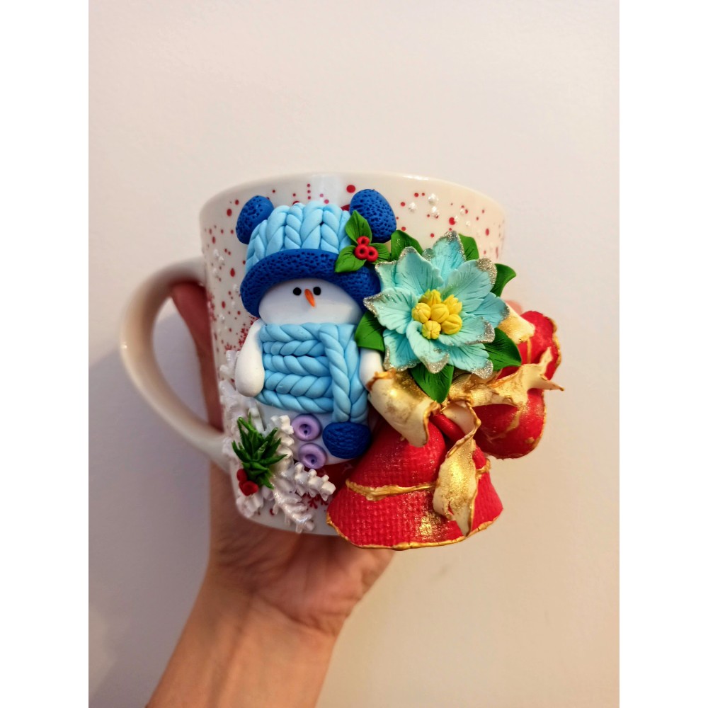 Cană personalizată de Crăciun în formă de om de zăpadă și clopoței