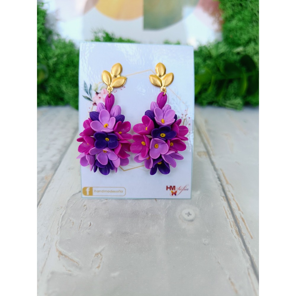 Cercei statement - floare de liliac - nuanțe de roz și mov