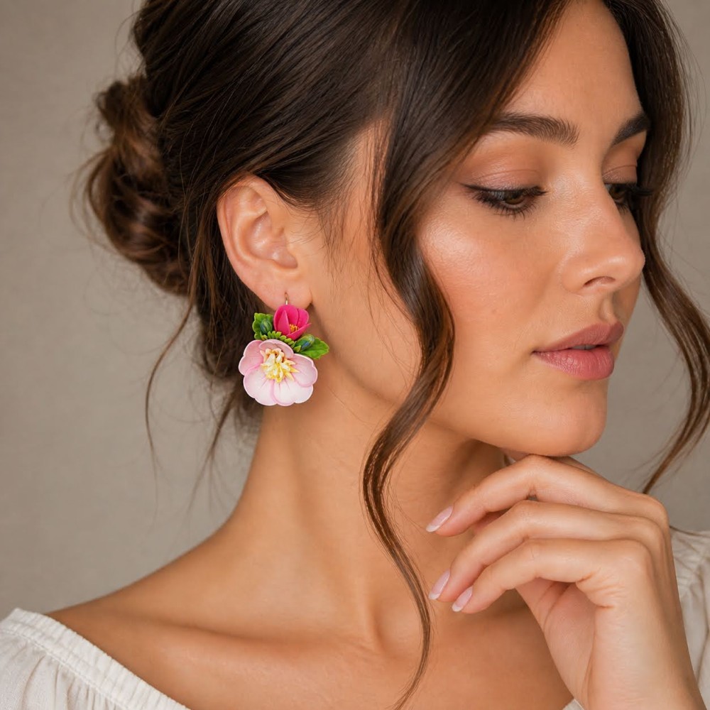 Cercei statement - Floare pastel roz