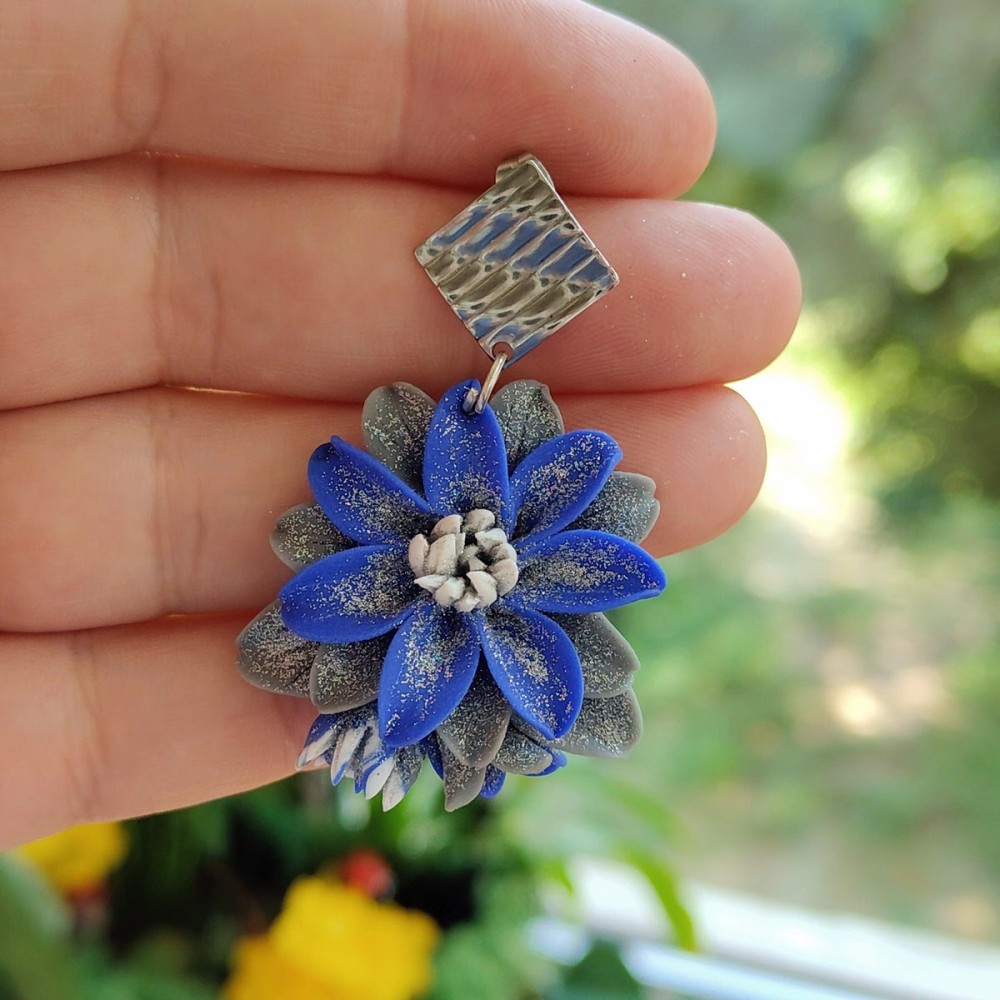 Cercei statement albaștri - model floral