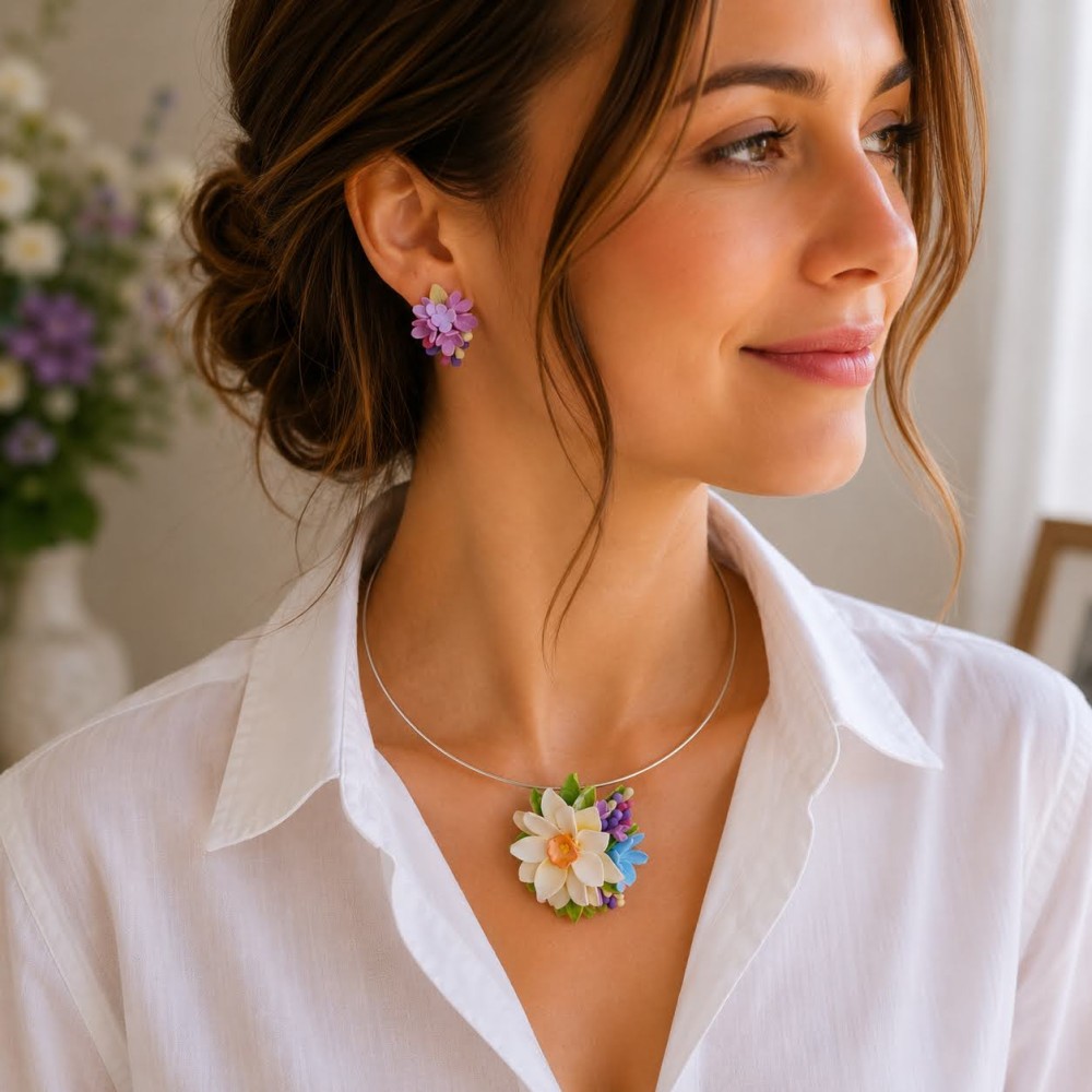 Set handmade pandantiv și cercei flori de liliac
