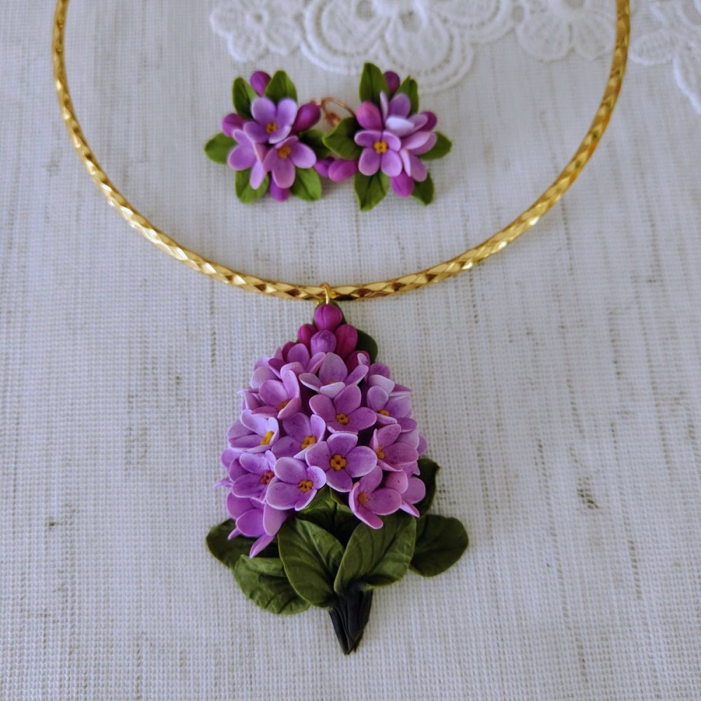 Set handmade bijuterii fimo pandantiv și cercei flori de liliac