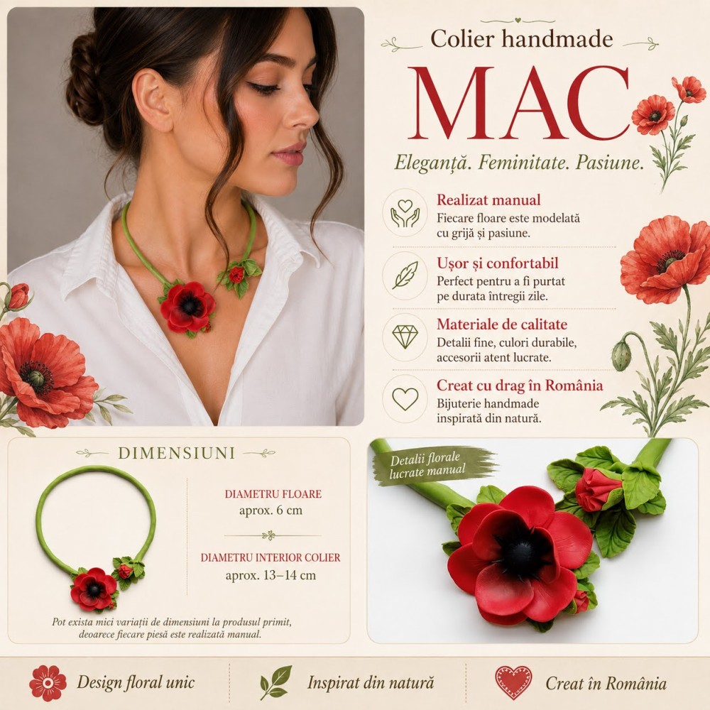 Colier statement cu flori de mac supradimensionate