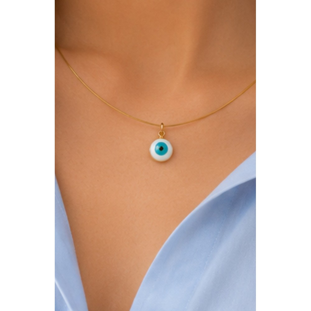 Colier la baza gatului  - Greek Eye din margele de nisip albastre de 2 mm cu accesorii aurii