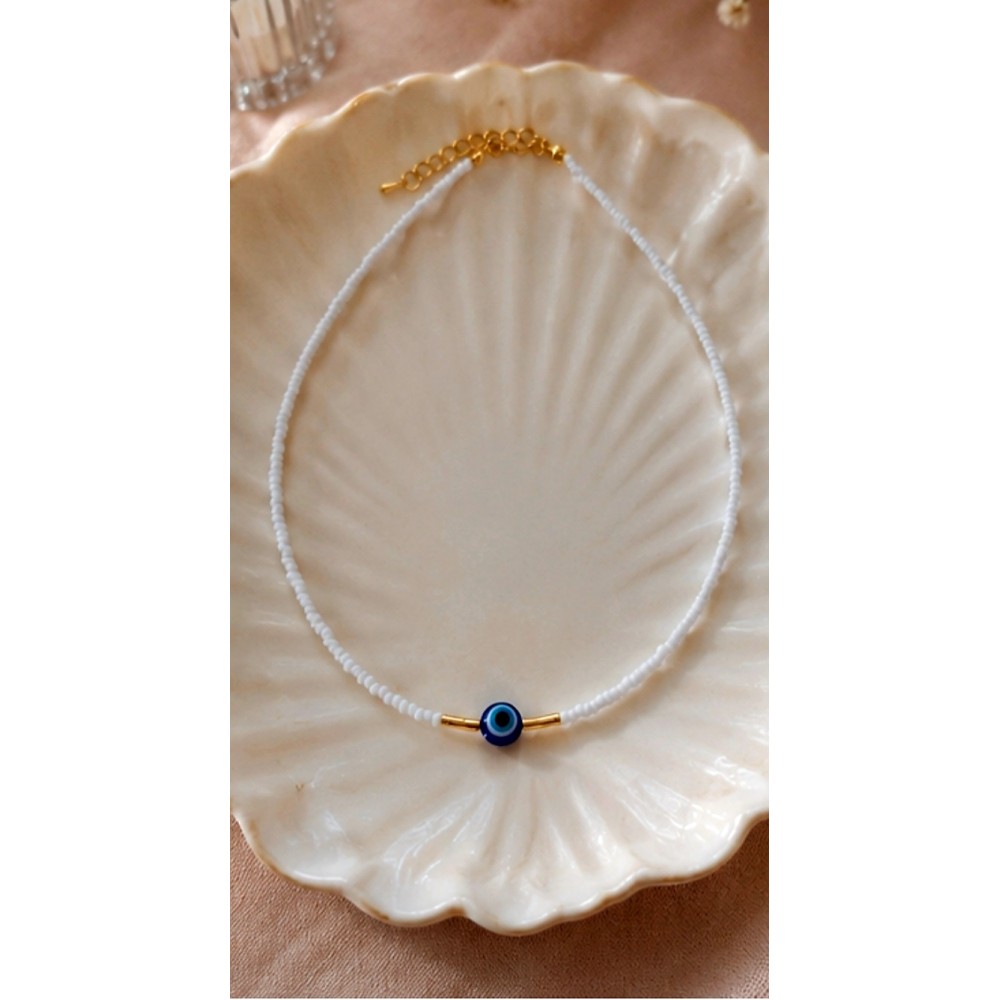 Colier la baza gatului  - Greek Eye din margele de nisip albe de 2 mm cu accesorii aurii