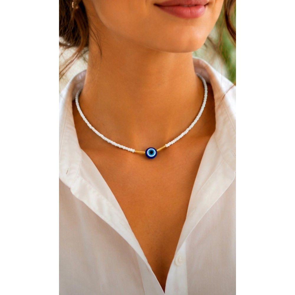 Colier la baza gatului  - Greek Eye din margele de nisip albe de 2 mm cu accesorii aurii