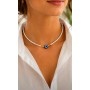 Colier la baza gatului  - Greek Eye din margele de nisip albe de 2 mm cu accesorii aurii