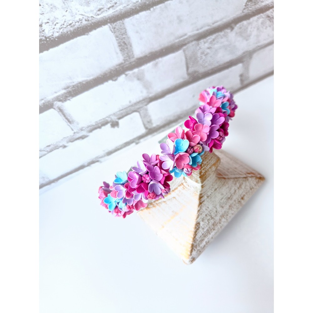 Bentiță handmade cu flori multicolore - liliac