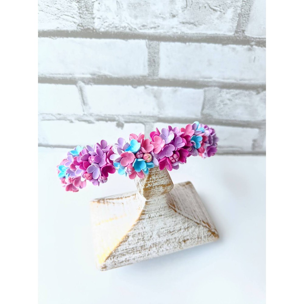 Bentiță handmade cu flori multicolore - liliac