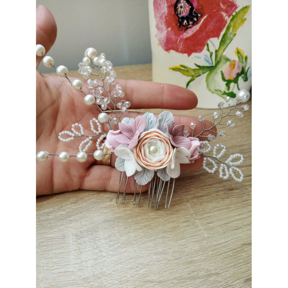 Piaptăn păr mireasă - hortensie și perle de cultură