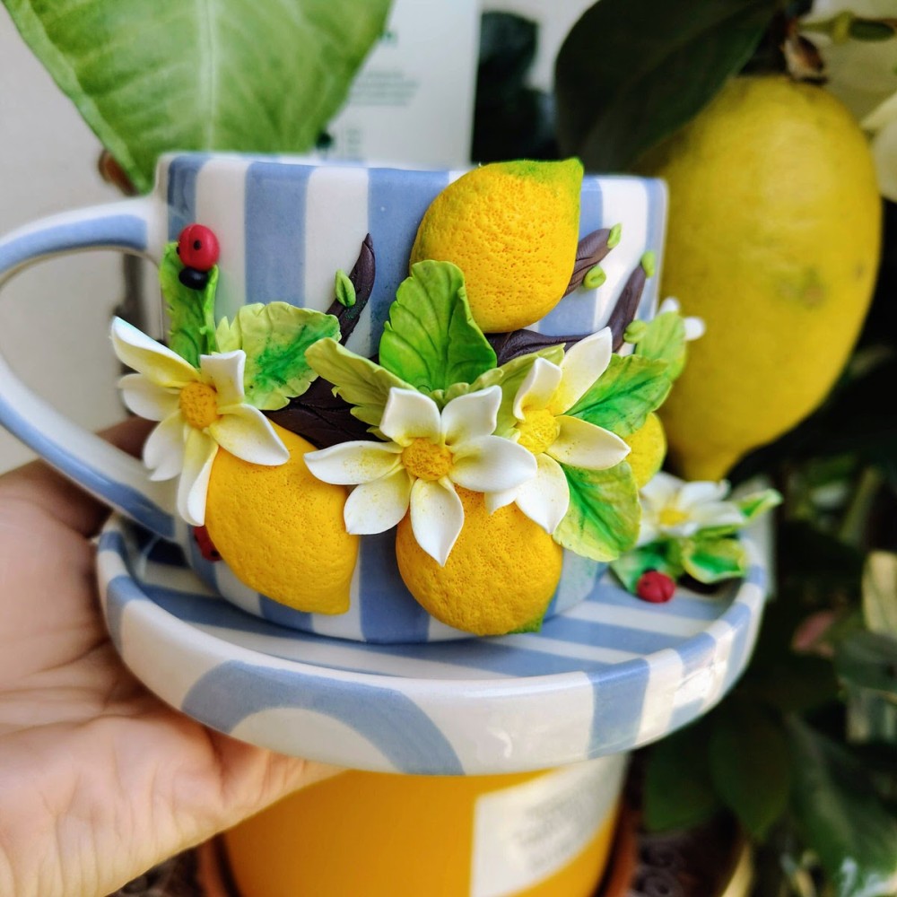 Set cafea/ceai decorat handmade cu lămâi și flori