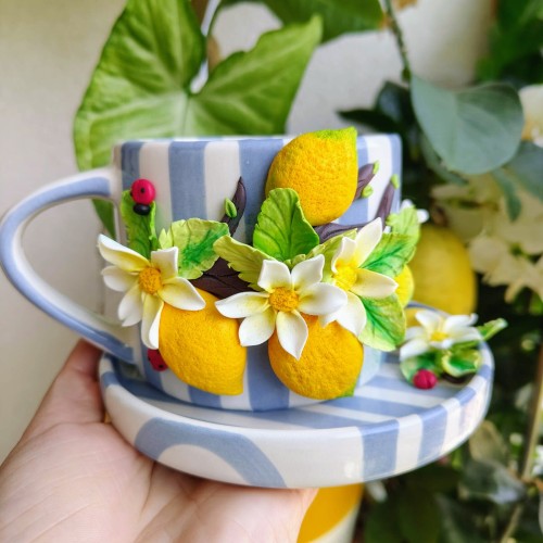 Set cafea/ceai decorat handmade cu lămâi și flori