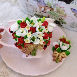 Set de ceai decorat cu flori din lut polimeric