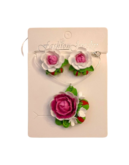 Set handmade pandantiv și cercei flori de bujor roz