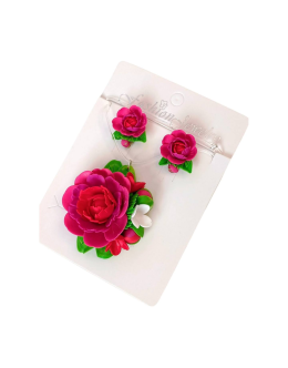 Set handmade pandantiv și cercei flori de bujor roșu - model 2