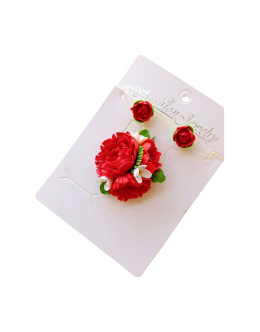 Set handmade pandantiv și cercei flori de bujor roșu