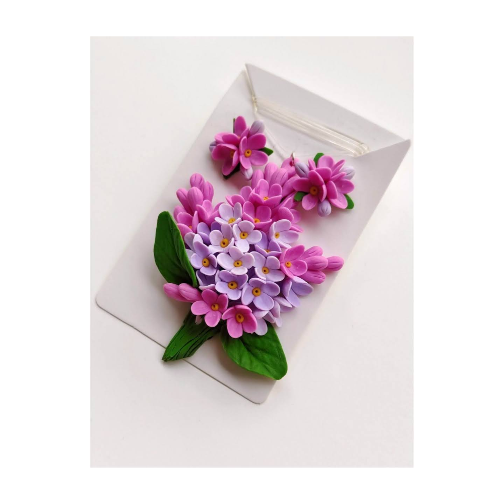 Set handmade bijuterii fimo pandantiv și cercei flori de liliac