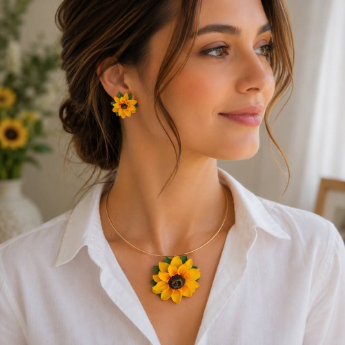 Set Floarea Soarelui Handmade – Cercei și Pandantiv Elegant - Handmade Sofia