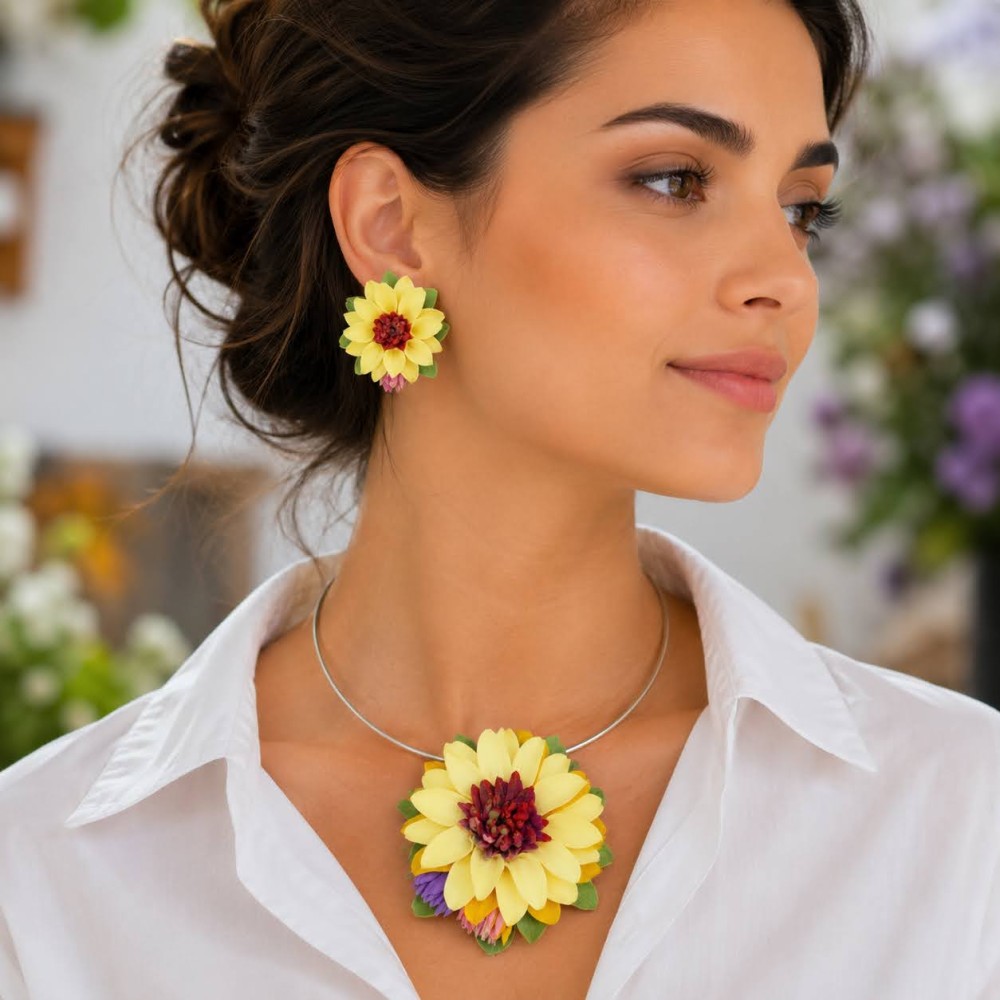 Set handmade pandantiv și cercei flori galben