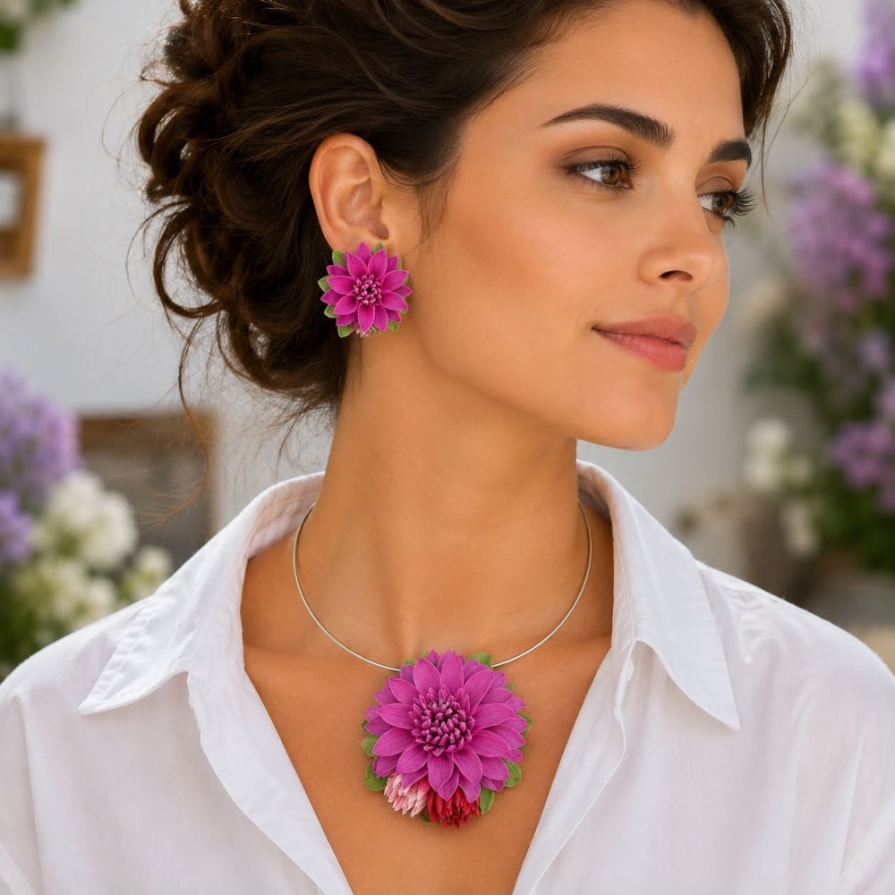 Set handmade pandantiv și cercei flori roz