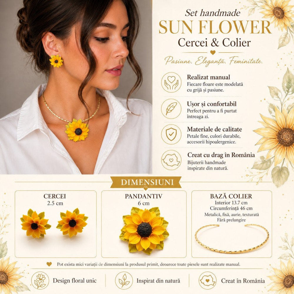 Set Floarea Soarelui Handmade – Cercei și Pandantiv Elegant pentru Femei | HM Sofia