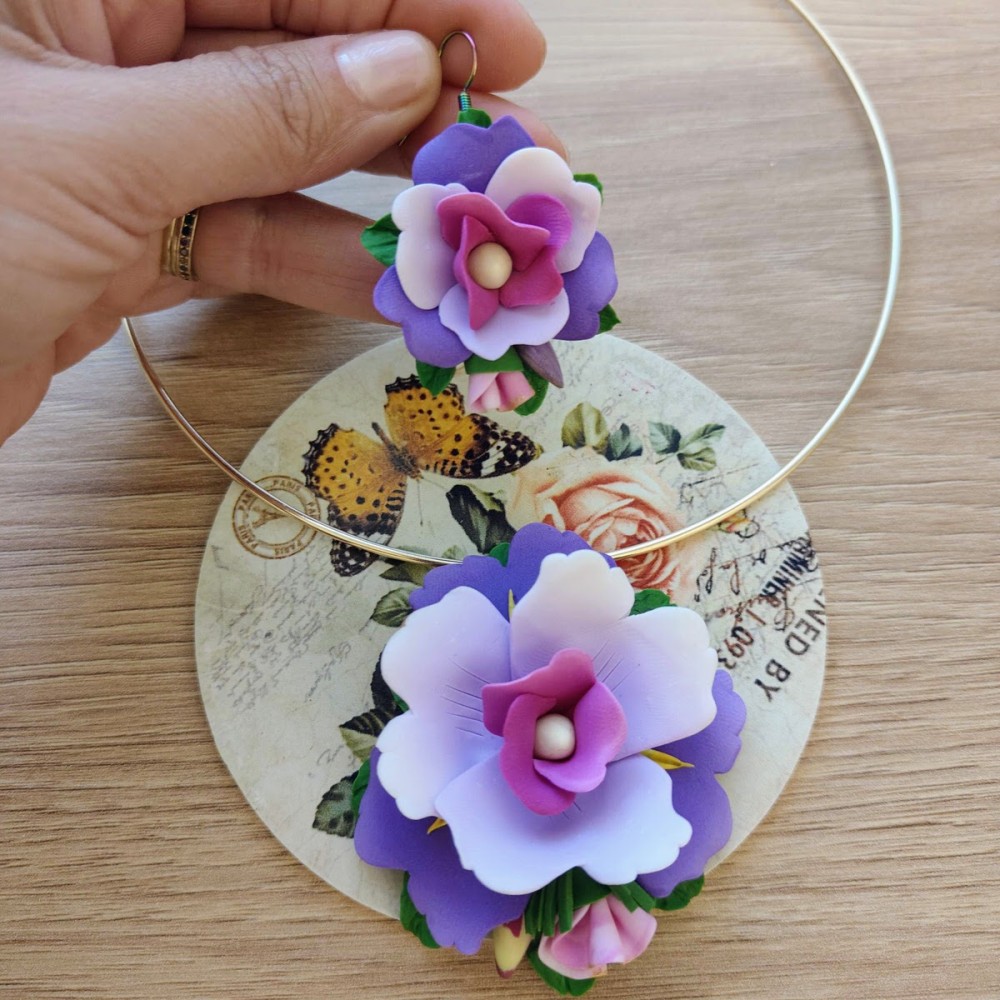 Set handmade pandantiv și cercei - floare de iris