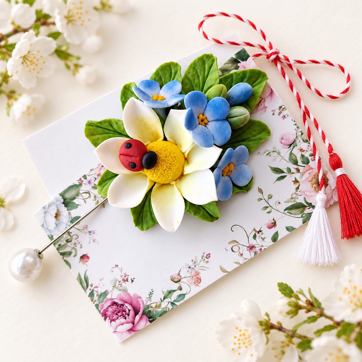 Brosa martisor cu narcise si liliac - modele unicat