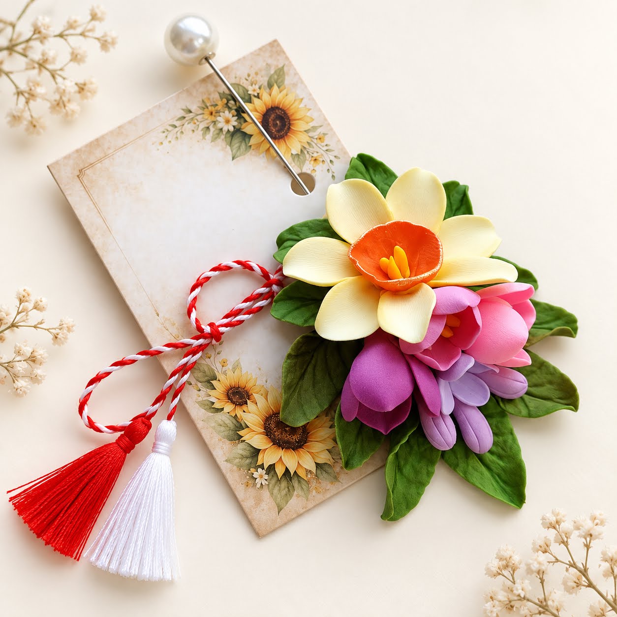 Brosa martisor cu narcise si liliac - modele unicat