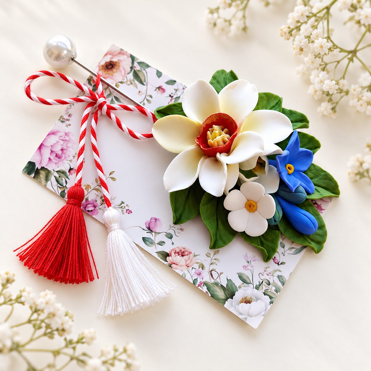 Brosa martisor cu narcise si liliac - modele unicat