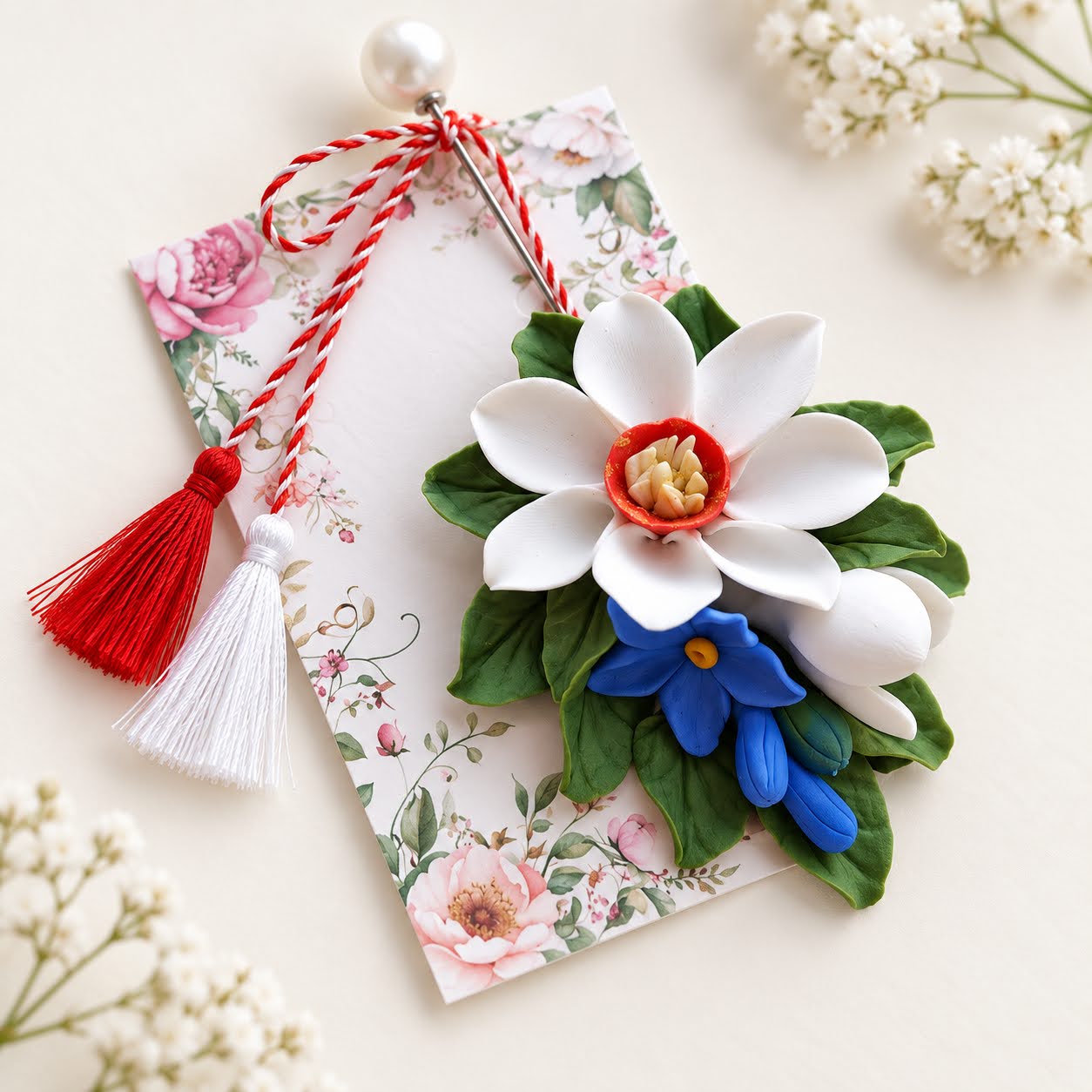 Brosa martisor cu narcise si liliac - modele unicat
