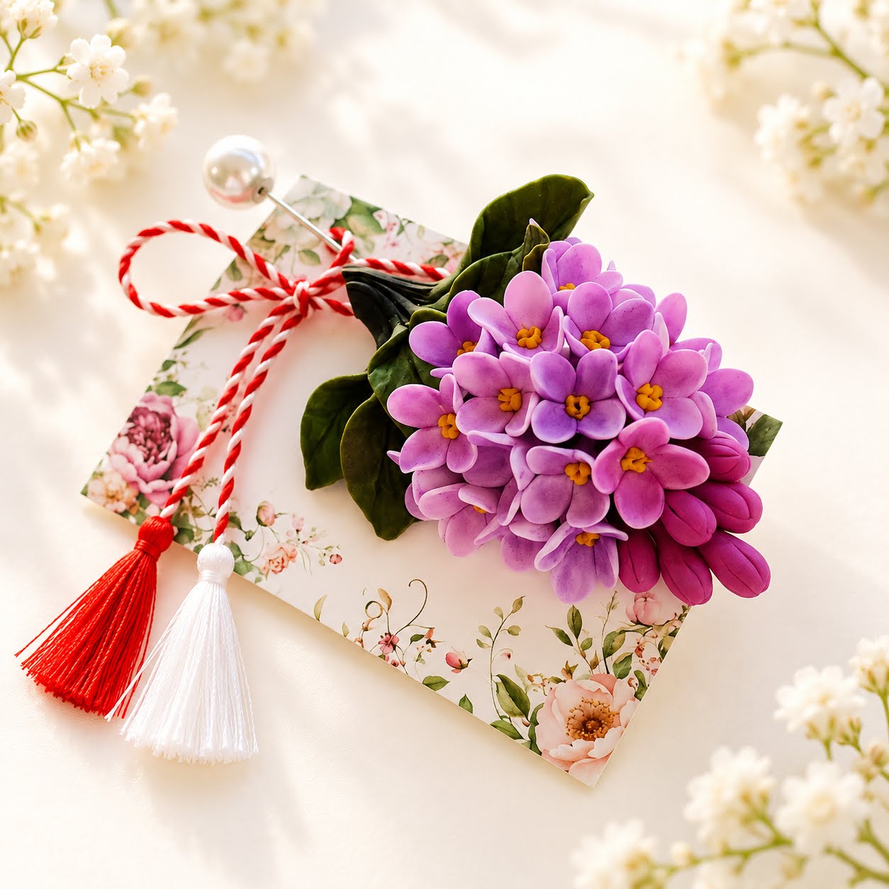 Brosa mare liliac cu ghiocel 11 x 5 cm