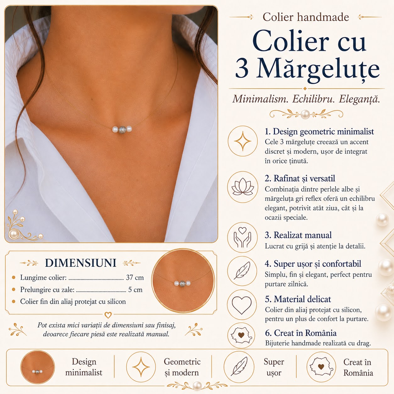 Colier Minimalist, Handmade, cu 3 Mărgeluțe – Design Elegant