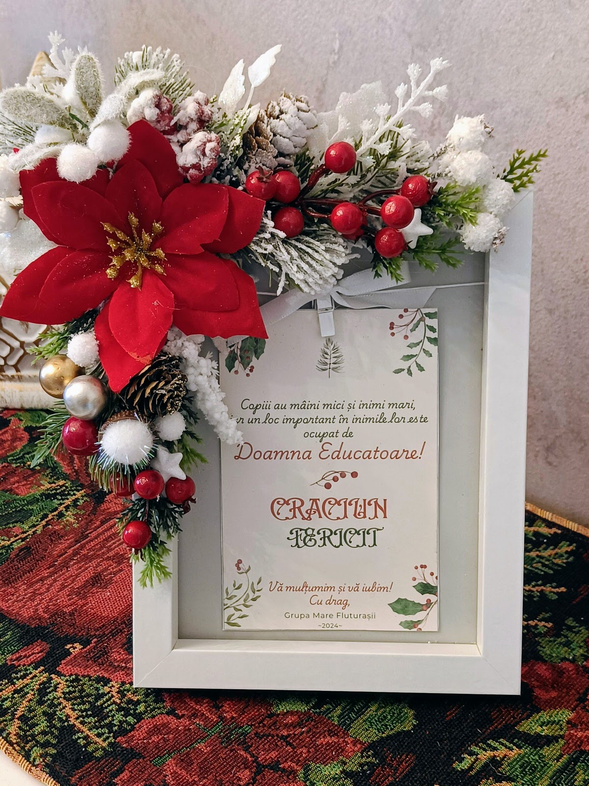 Cadou de Crăciun pentru Dirigintă | Ramă Foto Personalizată Handmade cu Flori și Decorațiuni Festive