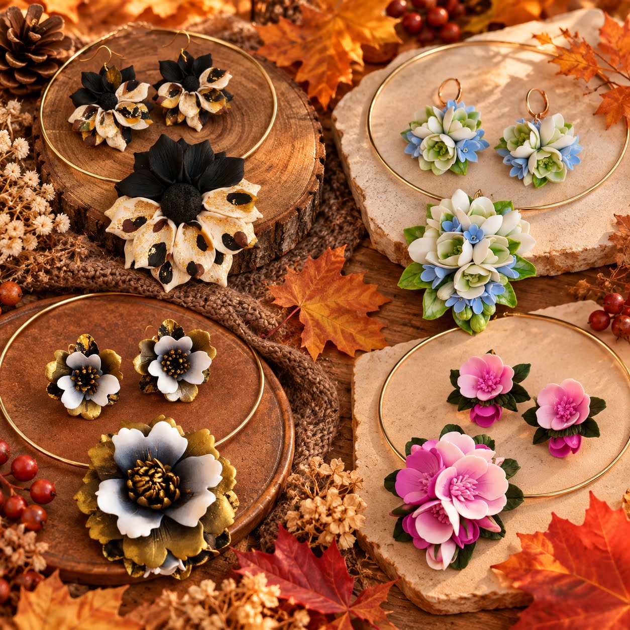 Set handmade pandantiv și cercei flori roz