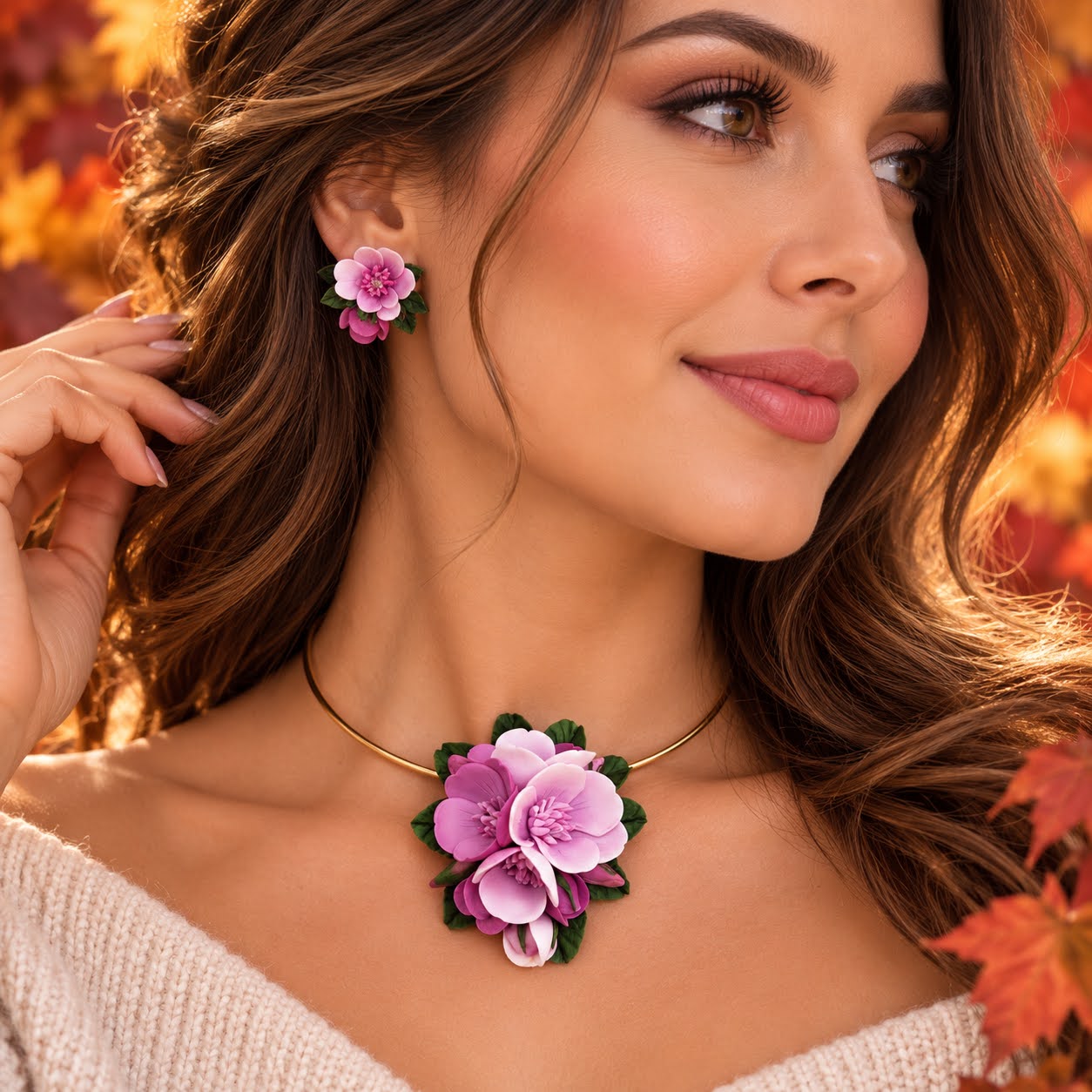 Set handmade pandantiv și cercei flori roz