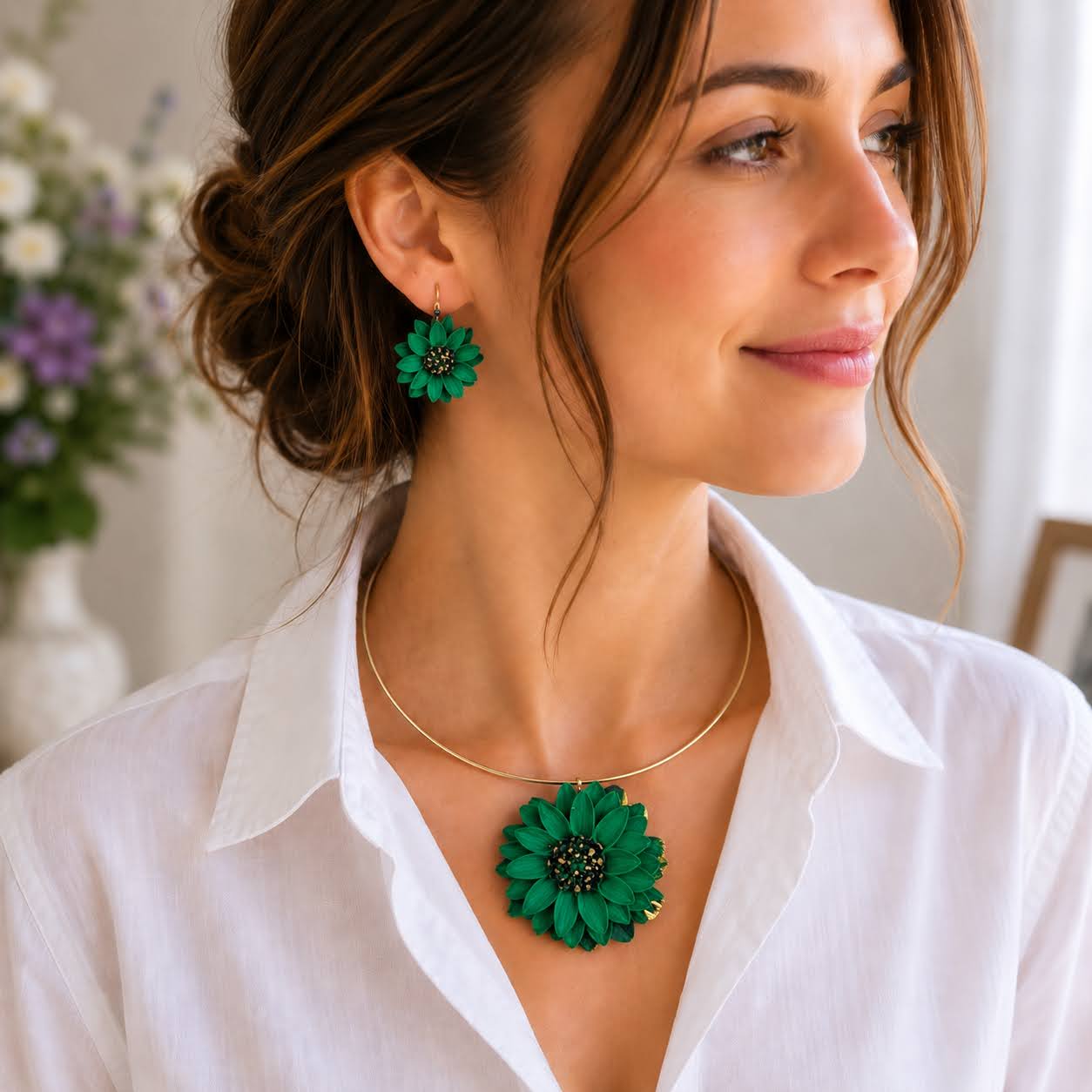 Set handmade pandantiv și cercei verde smarald