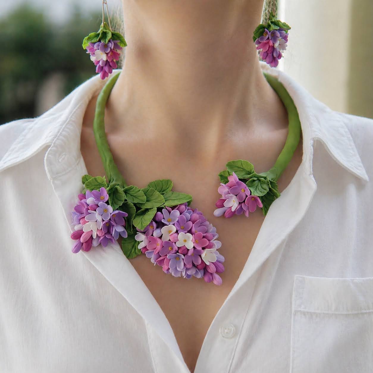 Set Colier si Cercei flori de liliac roz mov