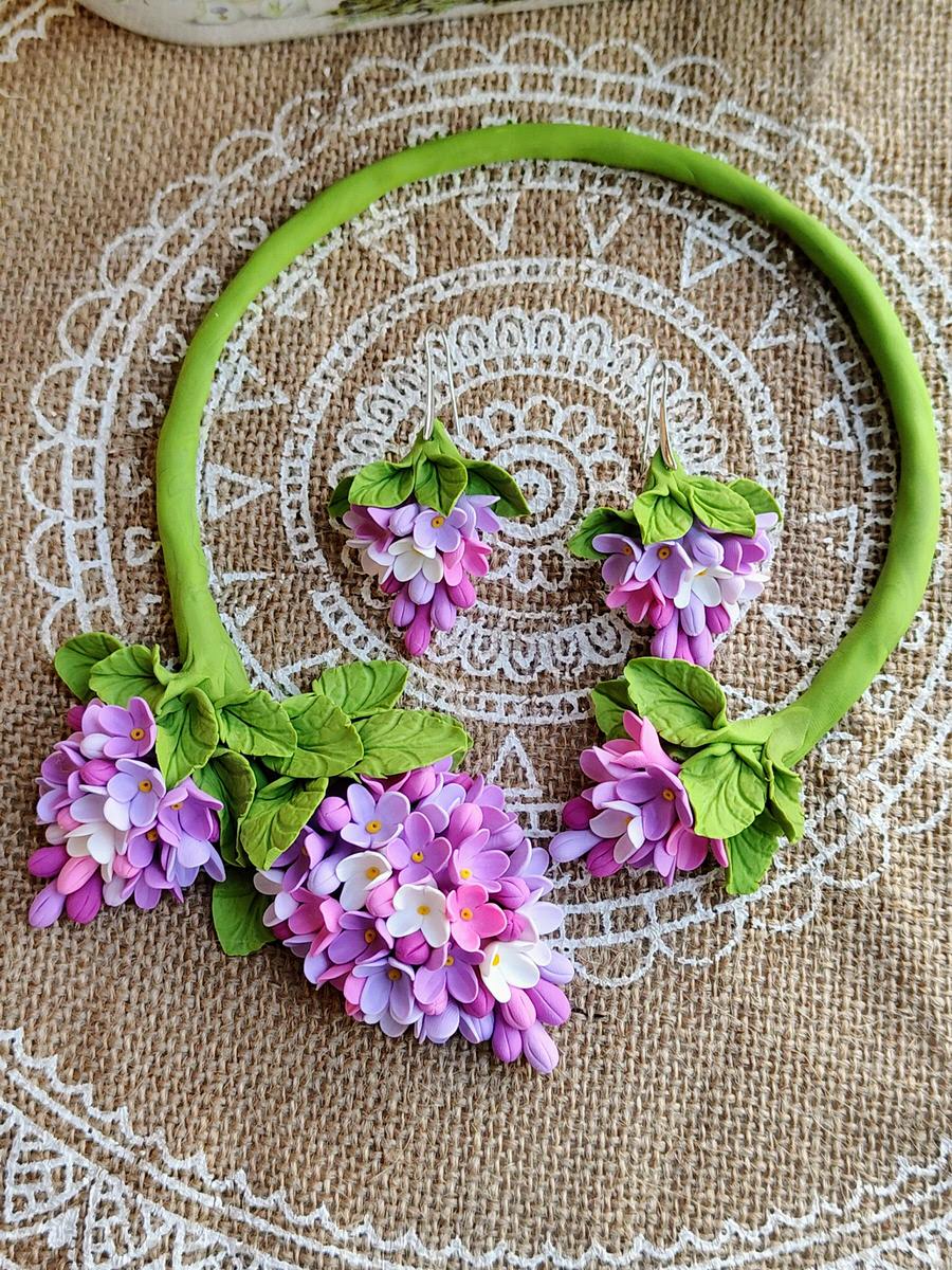 Set Colier si Cercei flori de liliac roz mov